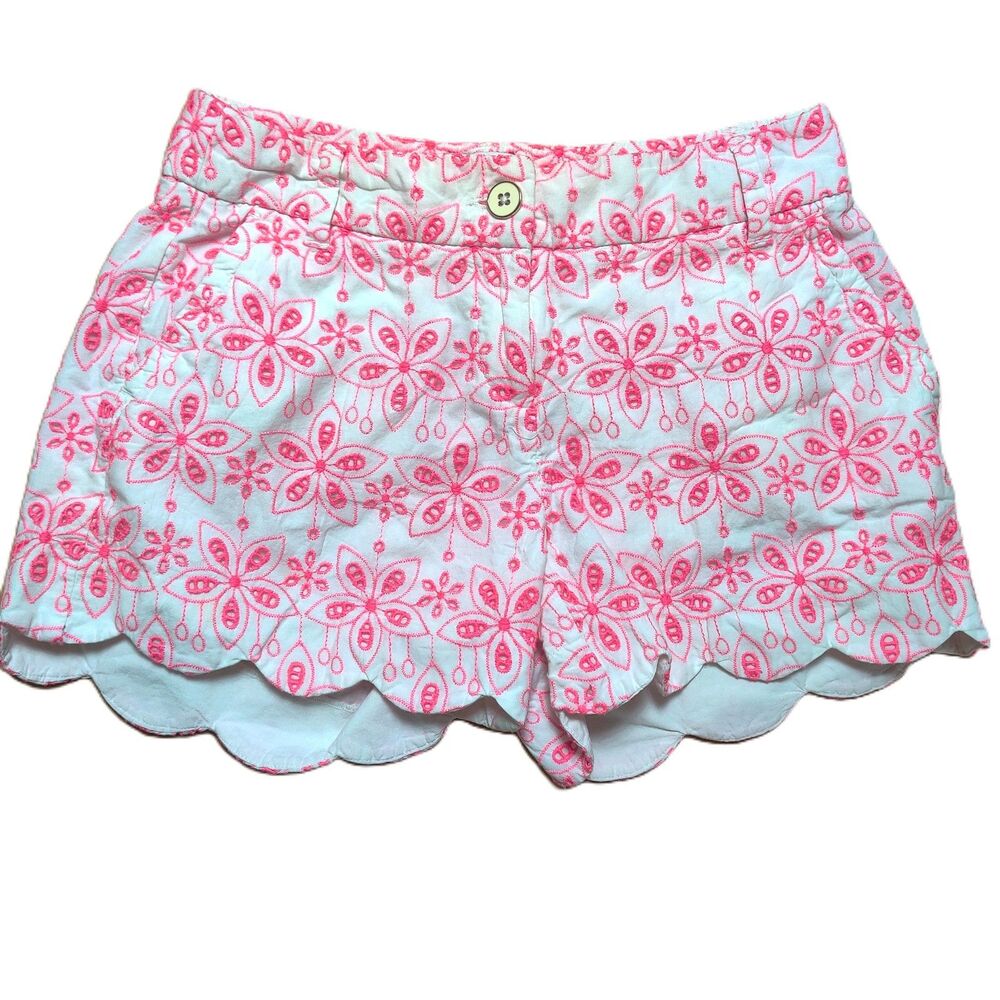 Crown & Ivy Shelby Eyelet Scalloped Shorts Womens Size 2 White Pink Floral